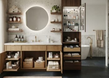 Bathroom organization ideas including wall shelves, labeled bins, and over-the-door organizer in a small modern bathroom
