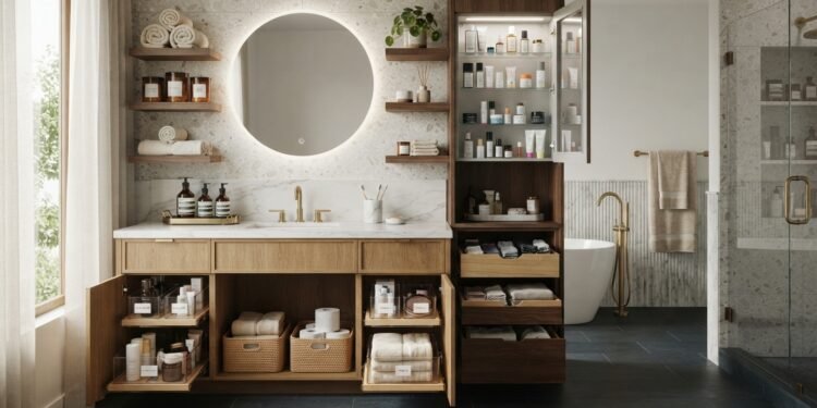 Bathroom organization ideas including wall shelves, labeled bins, and over-the-door organizer in a small modern bathroom