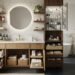 Bathroom organization ideas including wall shelves, labeled bins, and over-the-door organizer in a small modern bathroom