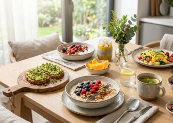 Heart healthy breakfast bowl with oats, berries, and chia seeds