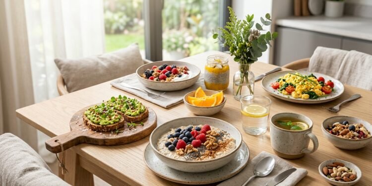Heart healthy breakfast bowl with oats, berries, and chia seeds