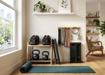 Best at home workout equipment for small space setup with dumbbells and yoga mat