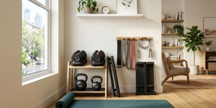 Best at home workout equipment for small space setup with dumbbells and yoga mat
