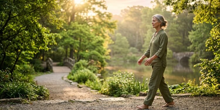Older adult practicing tai chi walking for balance and fall prevention