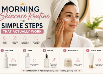 Morning skincare routine products including cleanser, moisturizer, and sunscreen on a counter