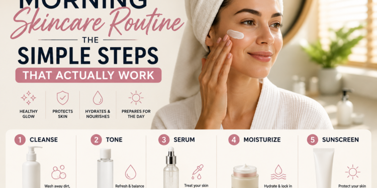 Morning skincare routine products including cleanser, moisturizer, and sunscreen on a counter