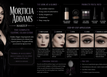 Woman wearing Morticia Addams makeup with pale foundation, sharp contour, and dark red lipstick