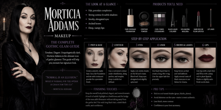 Woman wearing Morticia Addams makeup with pale foundation, sharp contour, and dark red lipstick