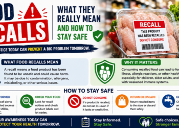 Person checking grocery product label against a food recall notice for a match