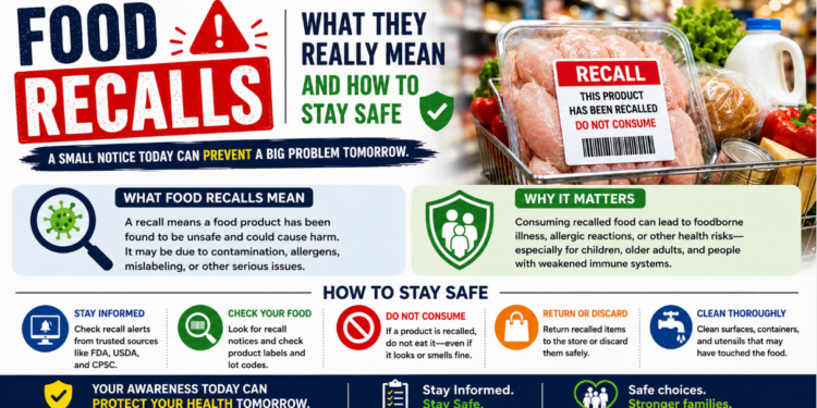 Person checking grocery product label against a food recall notice for a match