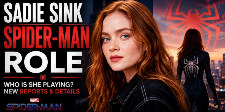 Sadie Sink smiling at the Spider-Man: Brand New Day movie premiere red carpet