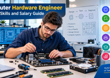 Computer hardware engineer working on a motherboard in a modern technology lab