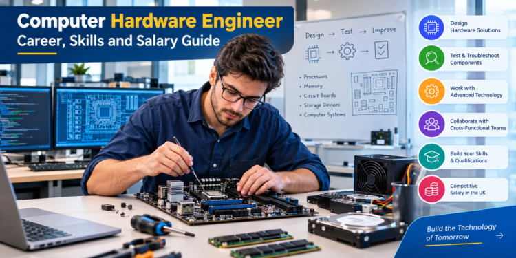 Computer hardware engineer working on a motherboard in a modern technology lab
