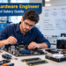 Computer hardware engineer working on a motherboard in a modern technology lab
