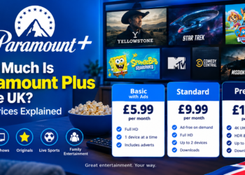 Paramount Plus UK 2026 pricing showing Basic, Standard and Premium plans with monthly prices of £5.99, £9.99 and £12.99