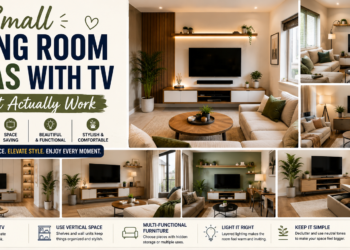 Small living room with TV mounted on wall above a slim floating console