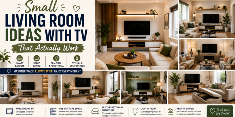 Small living room with TV mounted on wall above a slim floating console