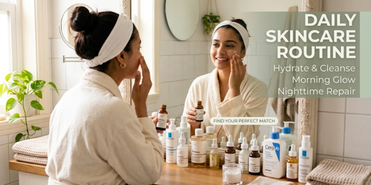 skincare routine with cleanser moisturiser and sunscreen